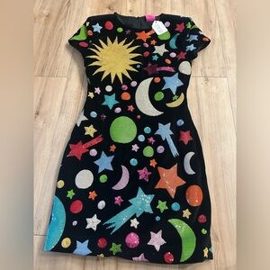QUEEN OF SPARKLES Black Dress with Colorful Celestial Design